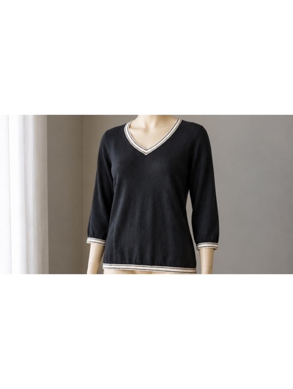 Christopher & Banks Women’s L Black V Neck Sweater Striped Trim 3/4 Sleeve